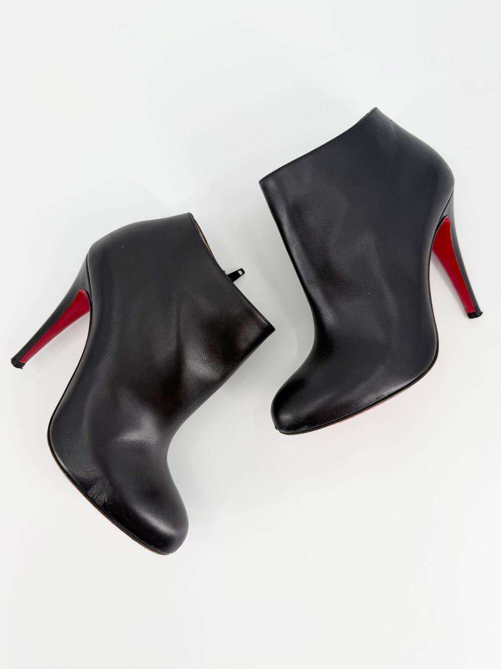 Christian Louboutin Belle Black Leather Ankle Boots Red Bottom Zip Heels Size 37